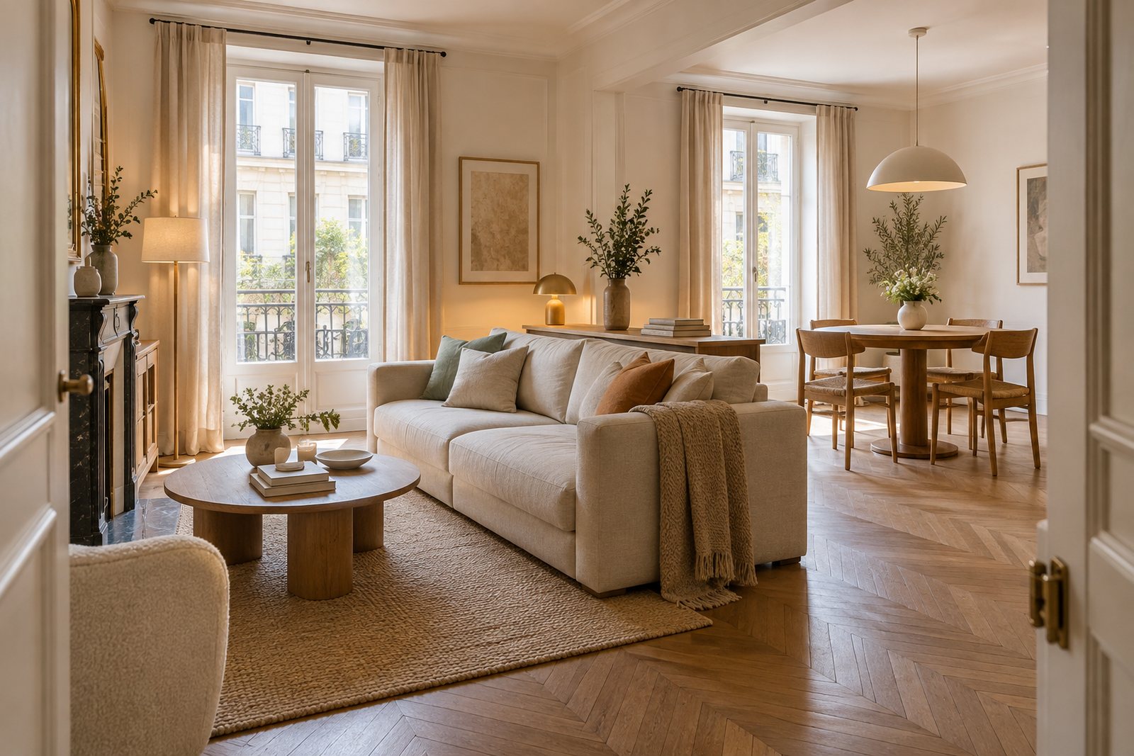 Pièce de 20 m² réunissant un salon avec tapis et une salle à manger lumineuse