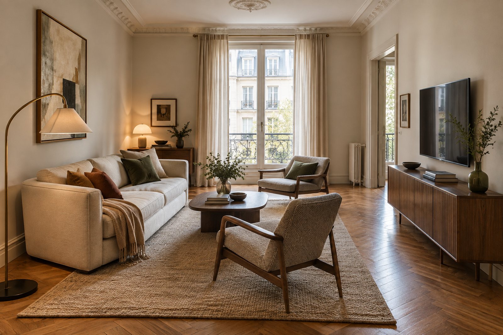 Salon en longueur avec canapé transversal, tapis, fauteuils et passage dégagé