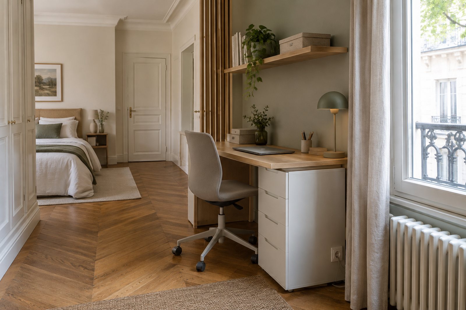 Coin bureau discret dans une chambre, éclairé par une fenêtre latérale