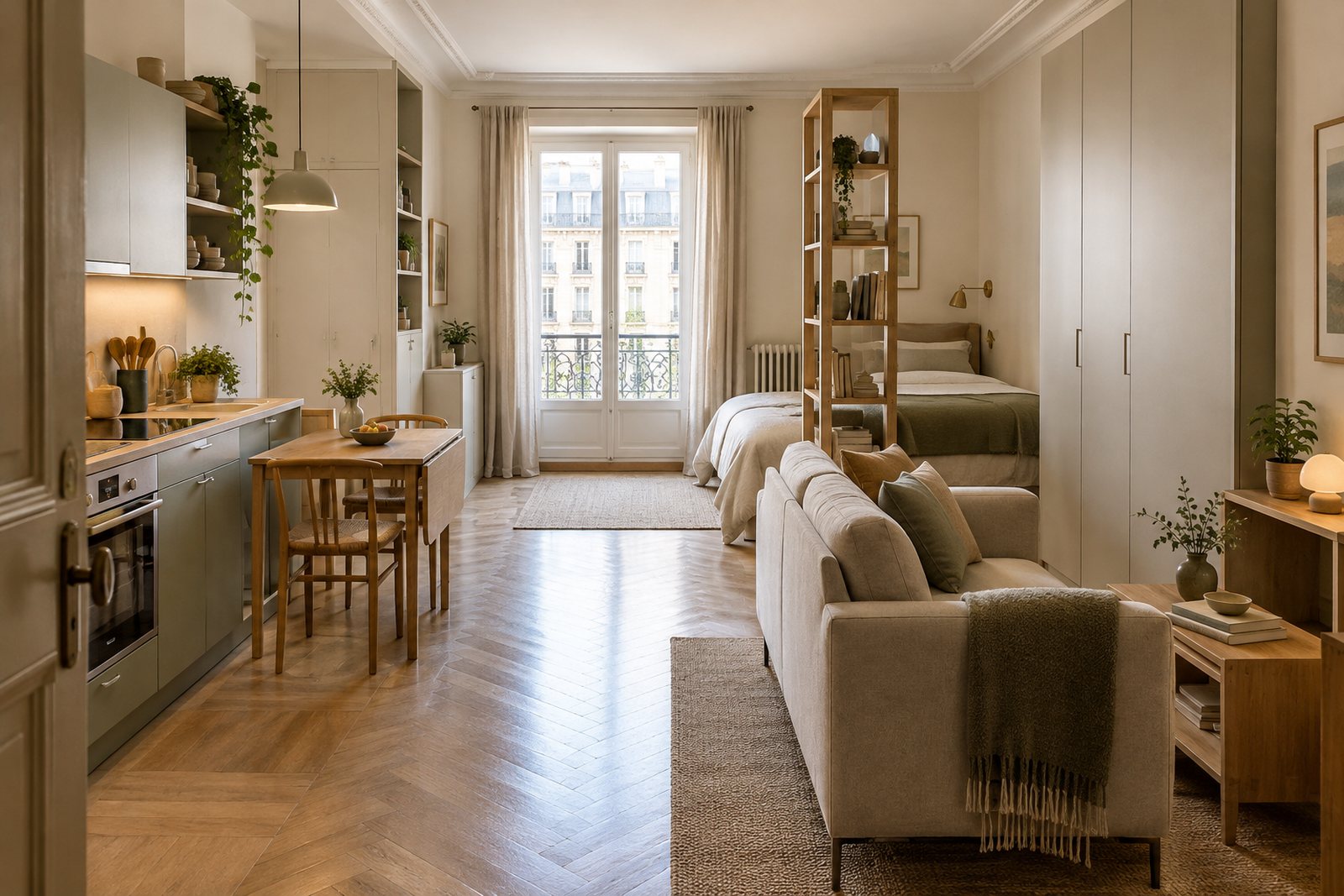Studio lumineux avec lit en retrait, canapé, table pliante et rangements verticaux.