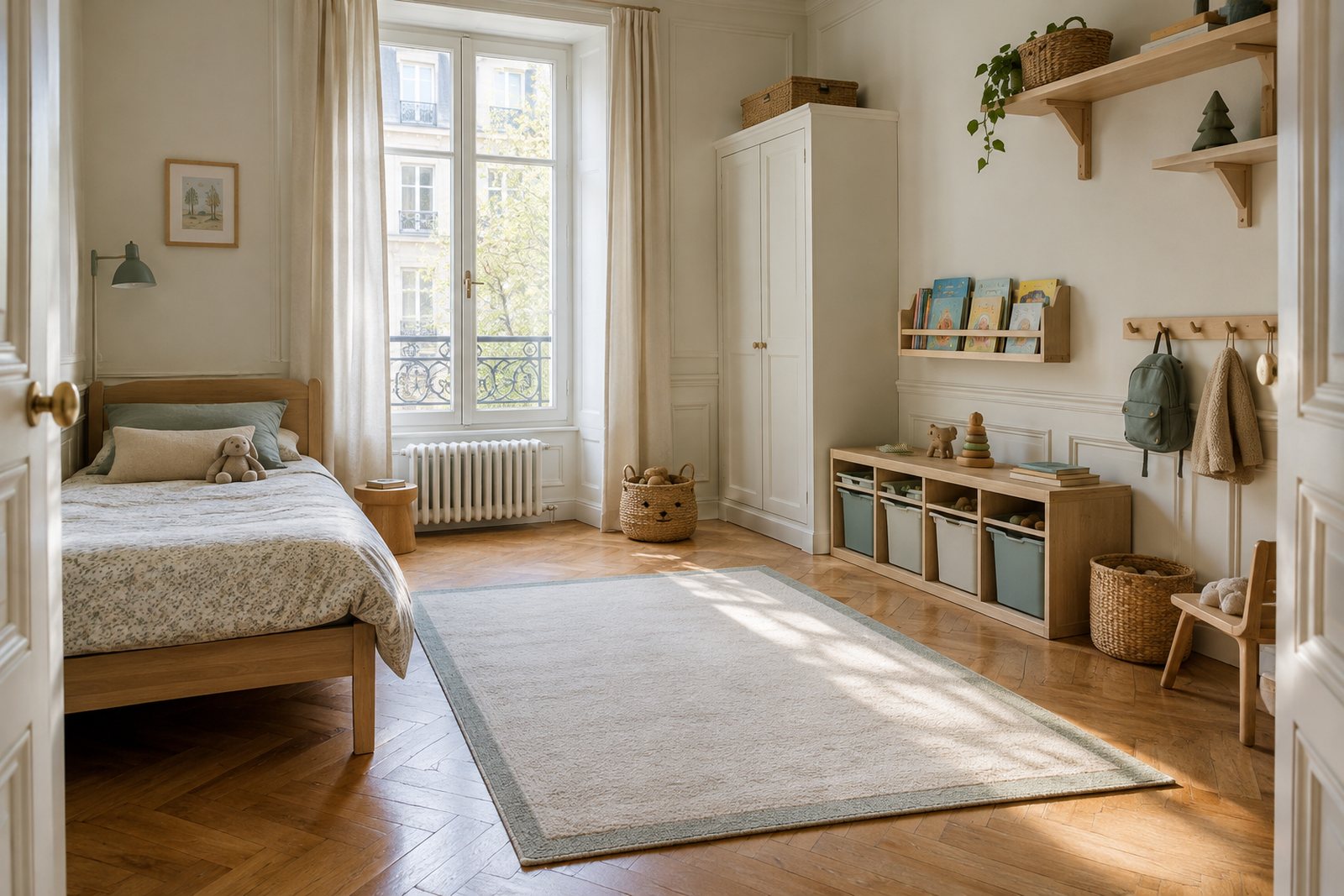 Chambre d’enfant claire avec lit calme, tapis de jeu et rangements accessibles.