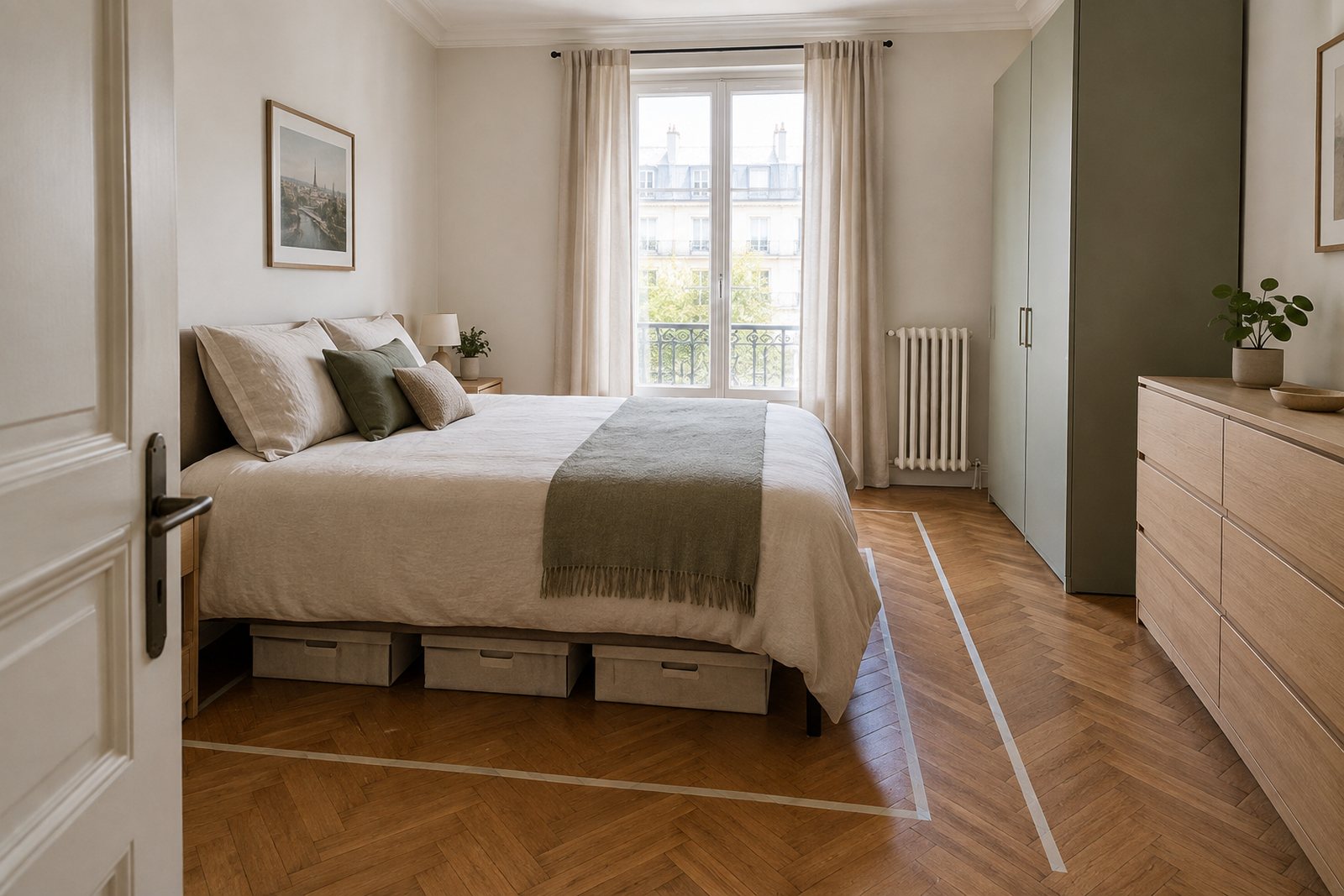 Petite chambre avec lit contre un mur, rangements alignés et passage dégagé