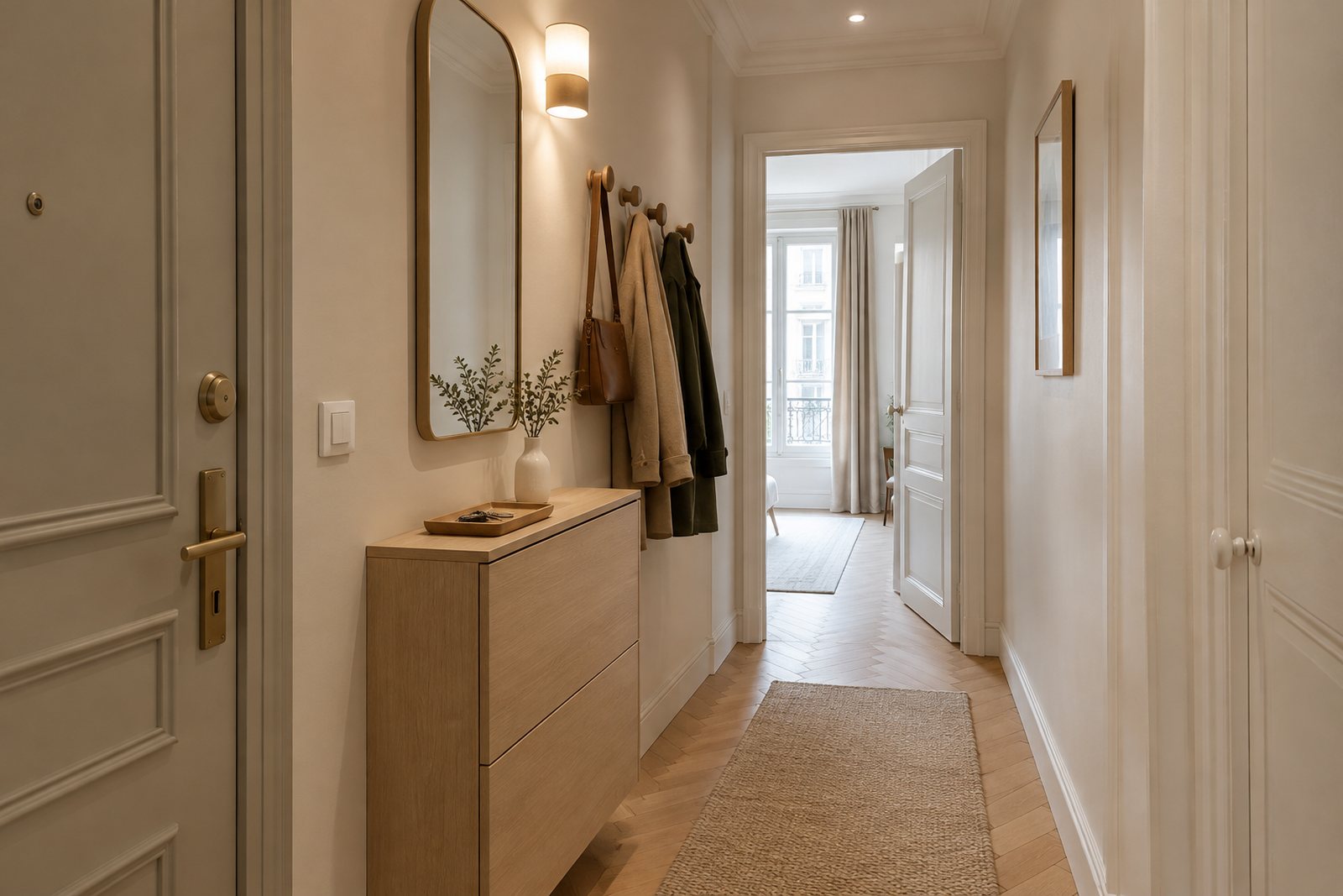 Petite entrée organisée avec miroir, patères et meuble à chaussures fermé
