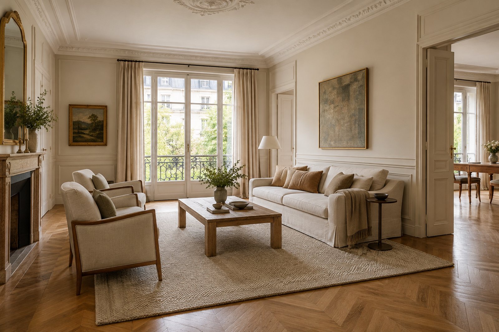 Salon avec tapis rectangulaire reliant canapé, fauteuils et table basse