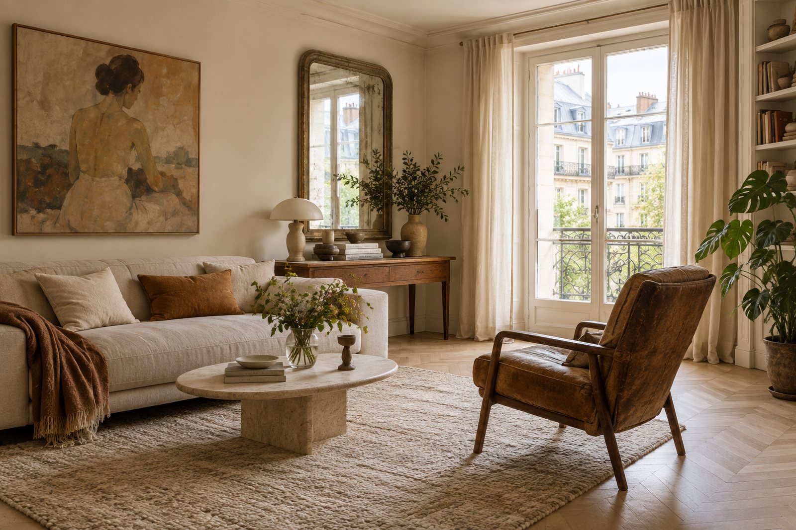 Salon parisien lumineux mêlant mobilier vintage, art et matières chaleureuses