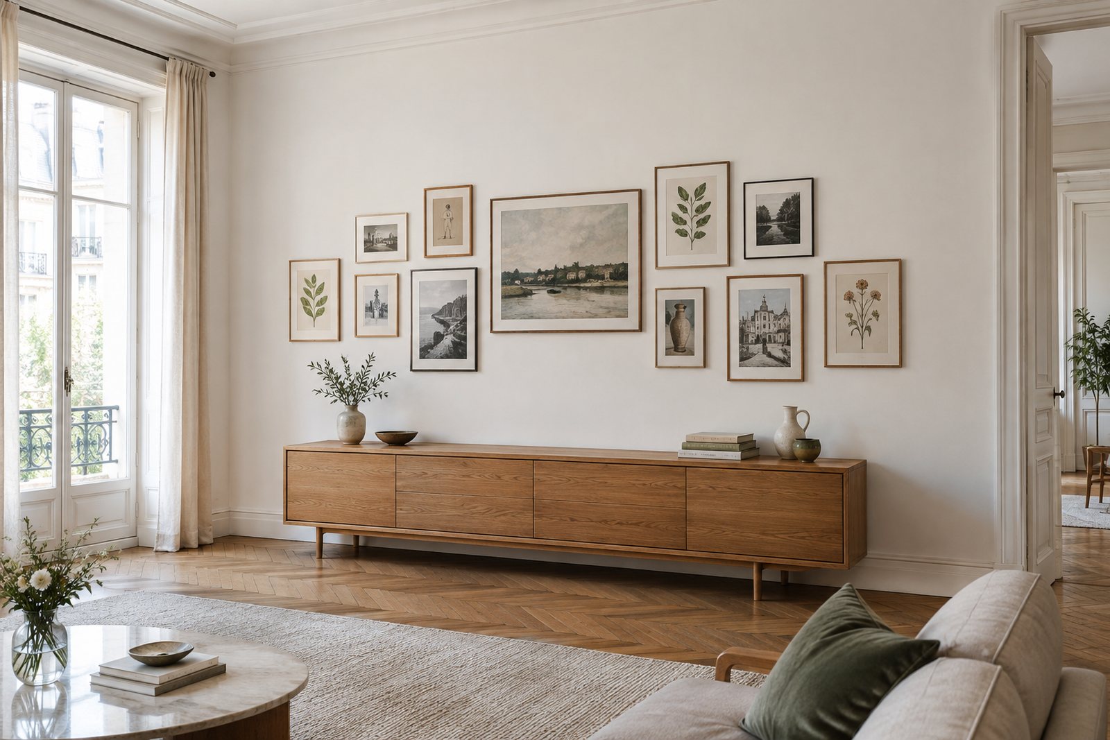 Salon lumineux avec une galerie de cadres proportionnée au meuble bas