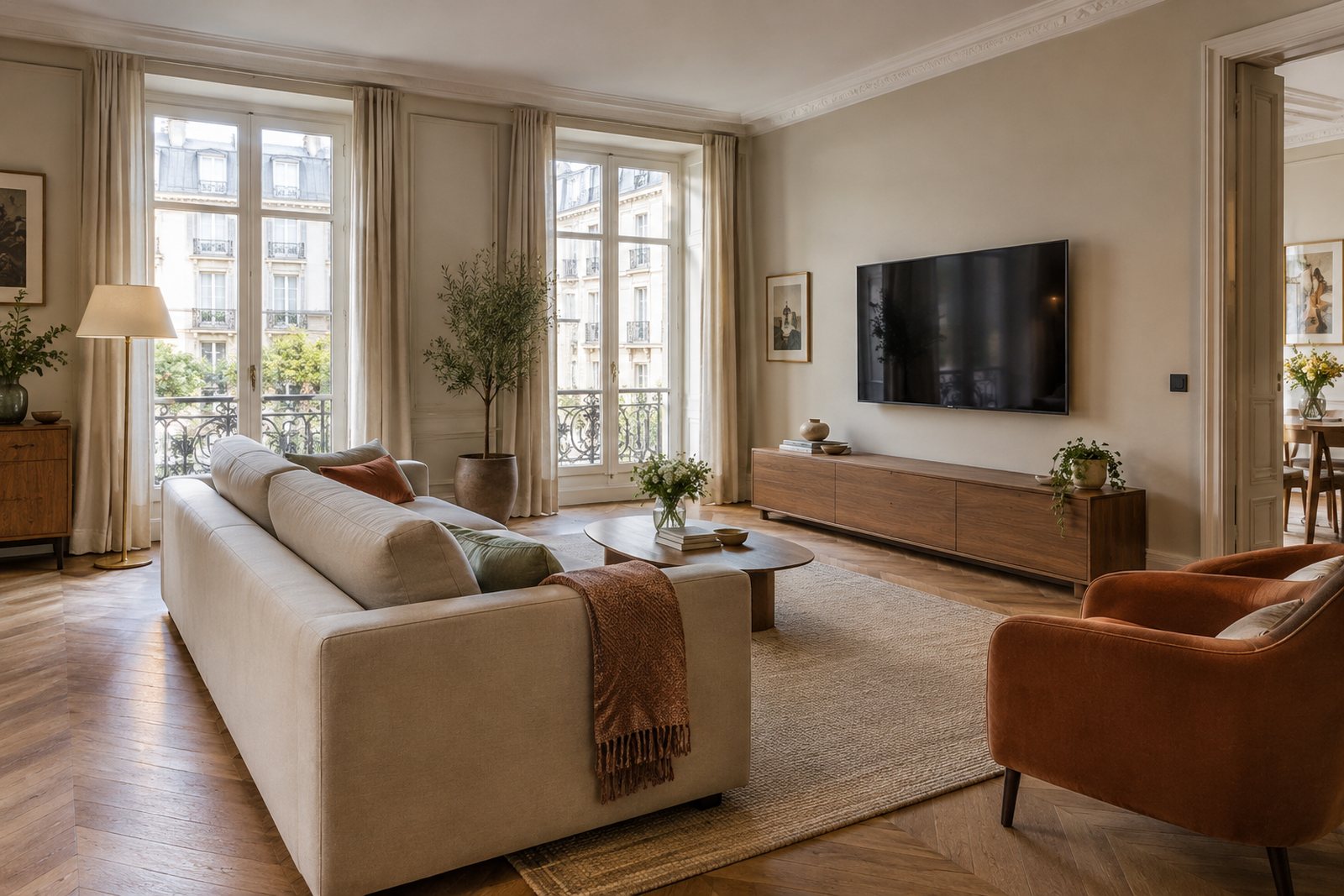 Salon lumineux avec télé à hauteur des yeux, face au canapé et perpendiculaire aux fenêtres