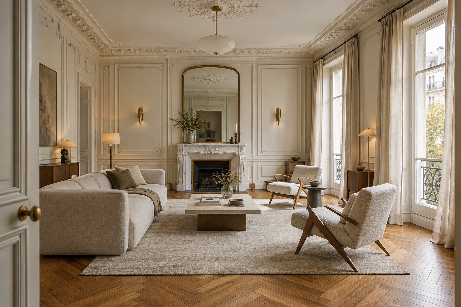 Salon parisien avec cheminée en marbre, moulures et parquet en chevrons