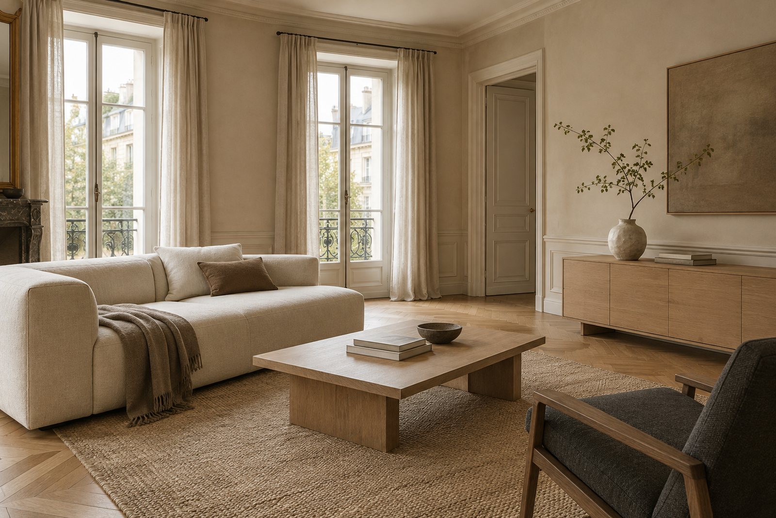 Salon apaisant avec canapé écru, bois clair, tapis texturé et céramique artisanale