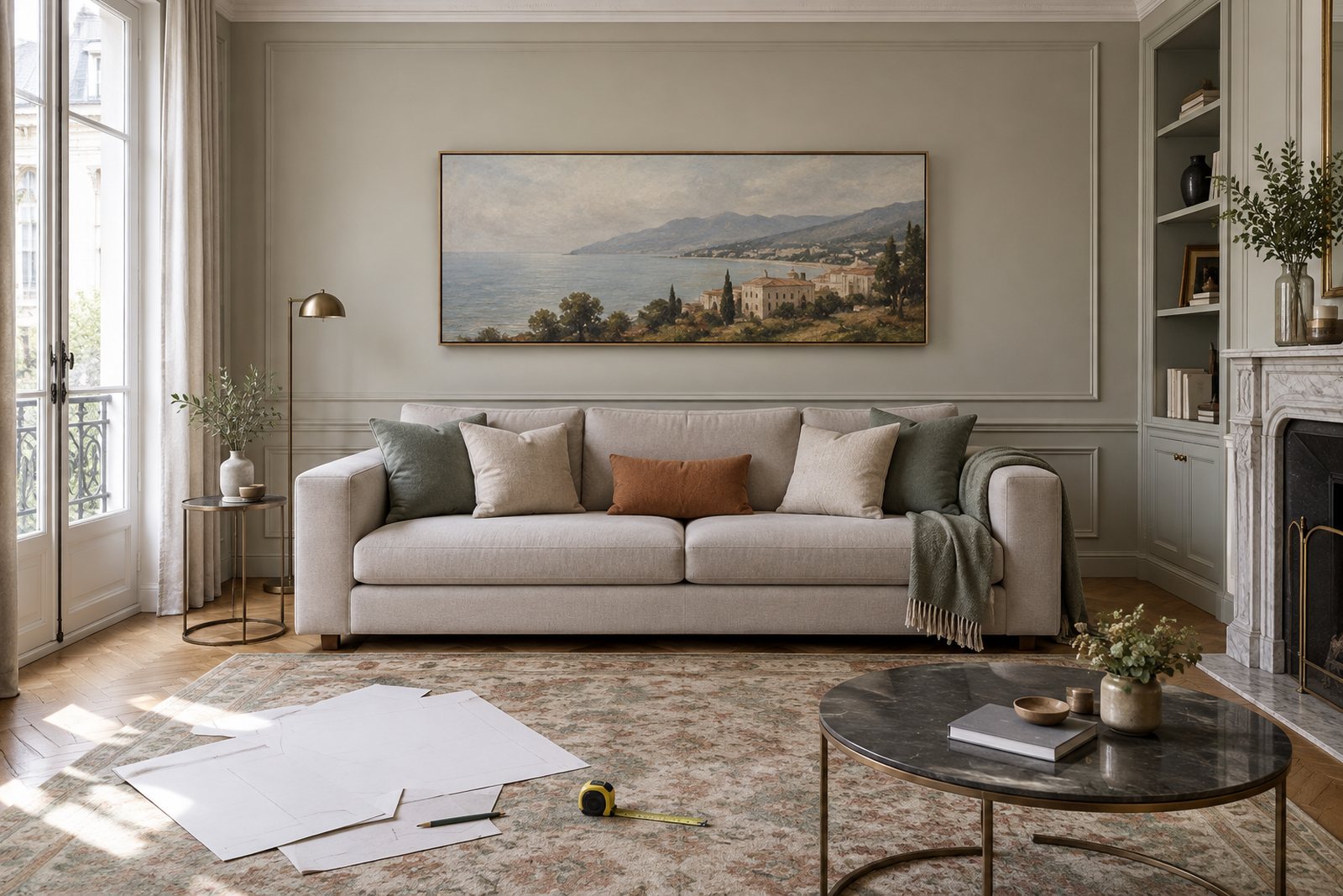 Salon avec canapé et œuvre horizontale bien proportionnée au mur