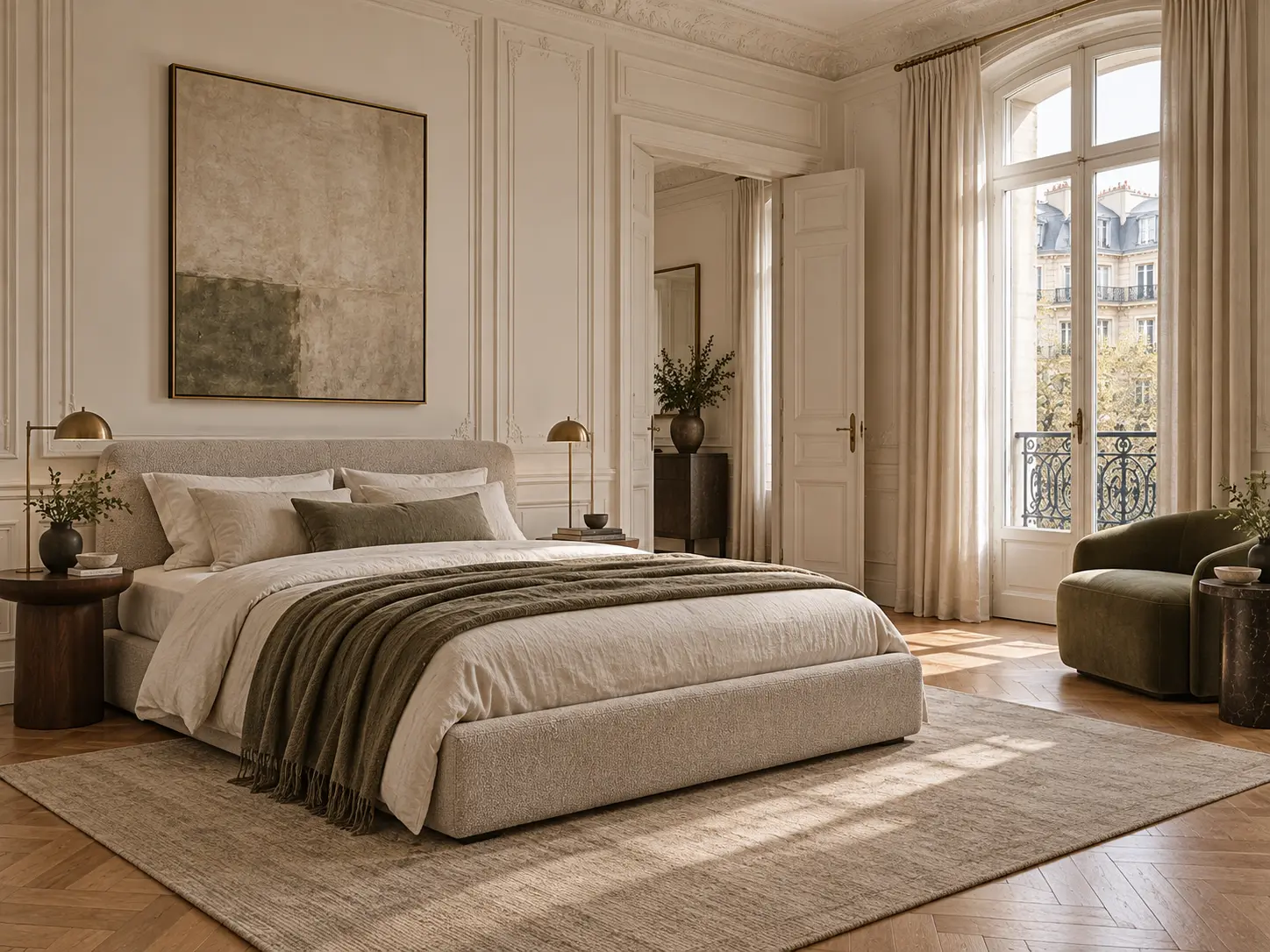 Une chambre parisienne, un lit en lin sous une grande toile