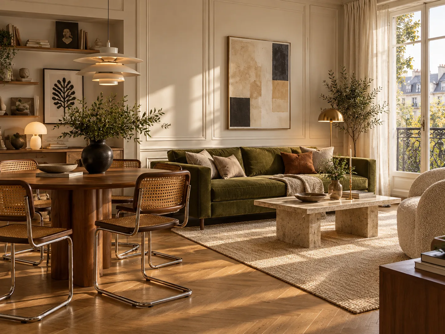 Un séjour parisien avec un canapé en velours olive, une table basse en marbre et une table à manger aux chaises cannées