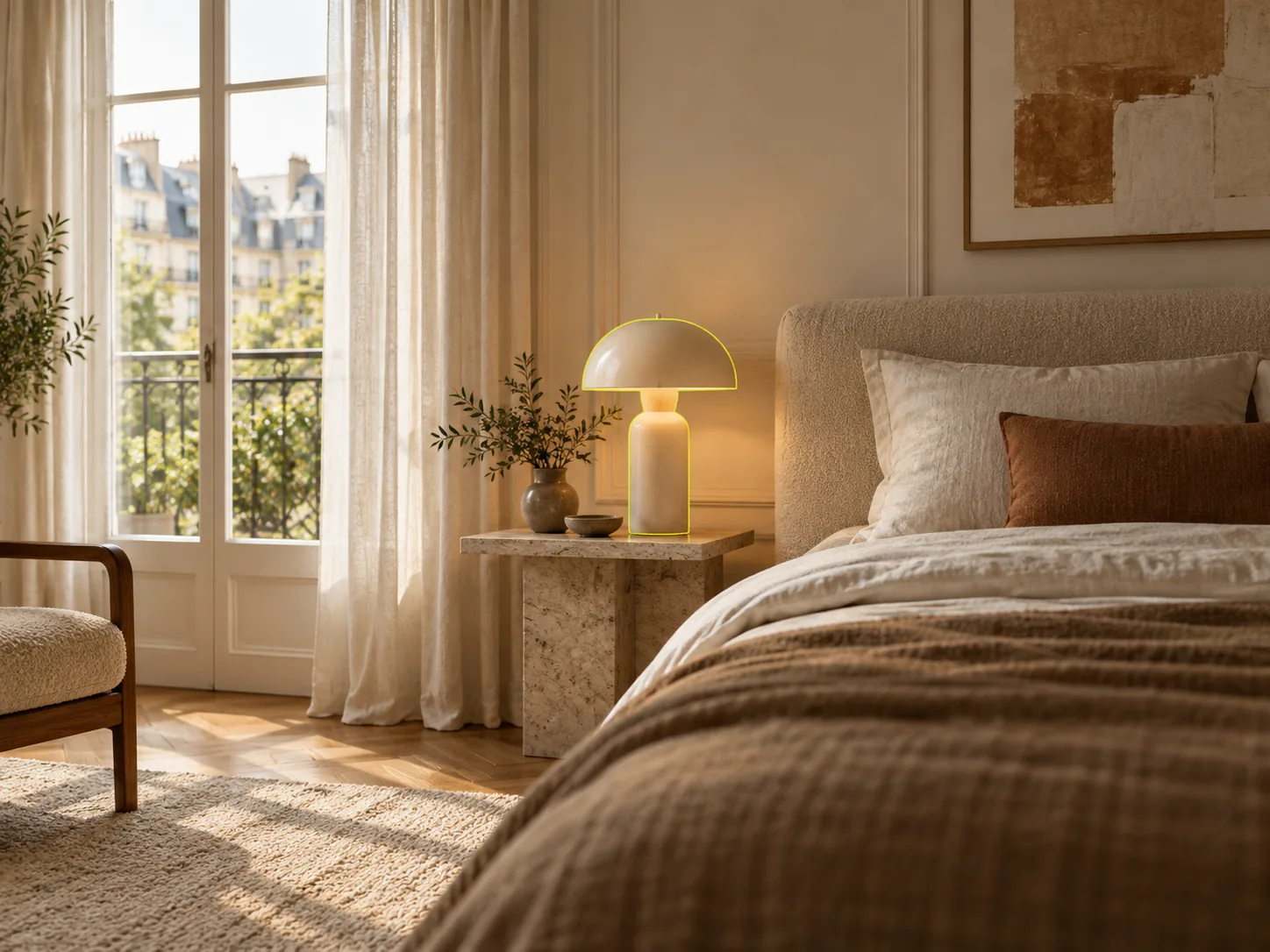 Une lampe à poser sélectionnée sur une table de chevet en marbre, dans une chambre parisienne