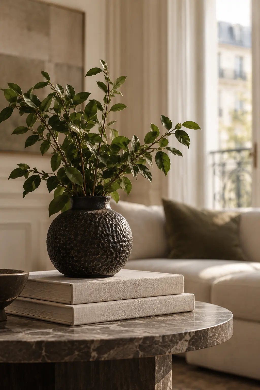 Un vase en céramique, des livres et des branches feuillues sur une table d’appoint