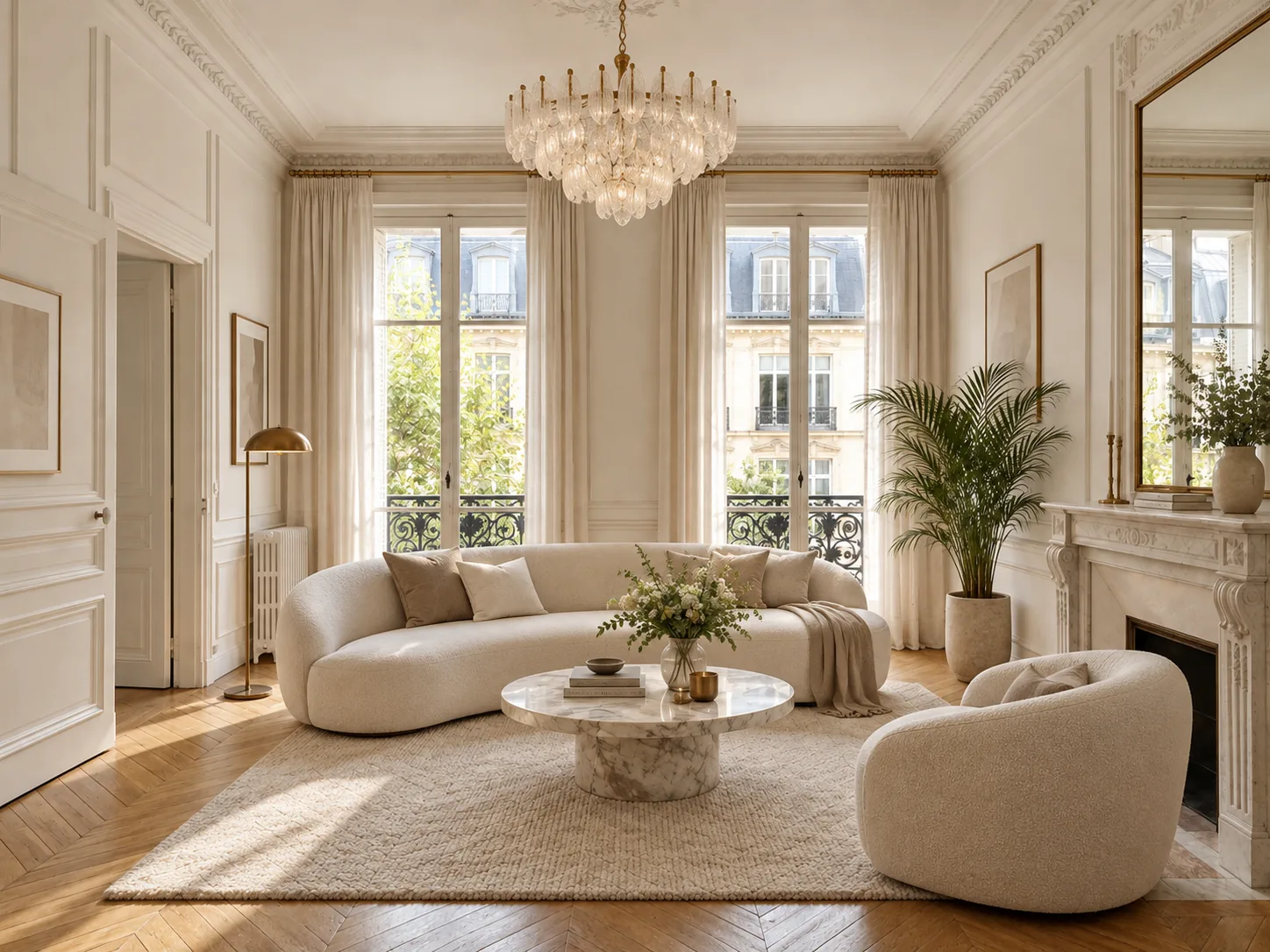 La même pièce meublée d’un canapé courbe crème, d’une table basse en marbre, d’un tapis en laine et d’un lustre en cristal