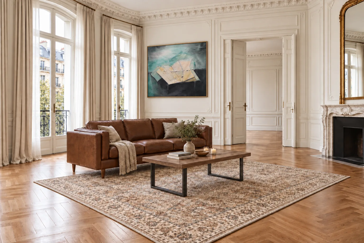 Un séjour parisien vide, meublé par Monart d’un canapé en cuir marron, d’une table basse en bois et d’un tapis à motifs